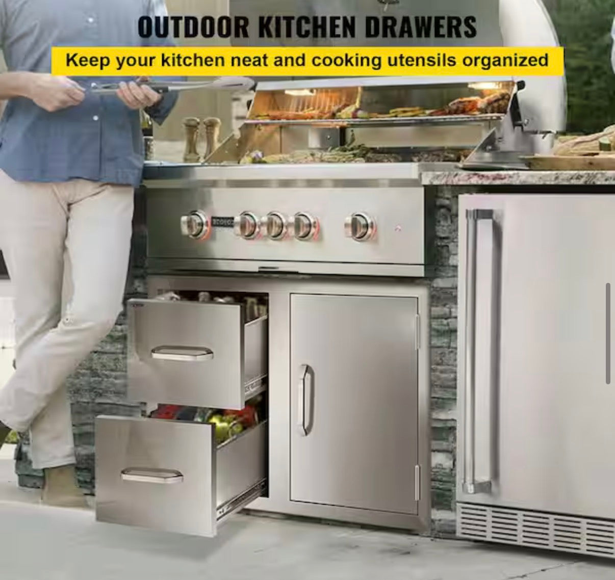 Outdoor Kitchen BBQ Island Drawers with Handles Access Door