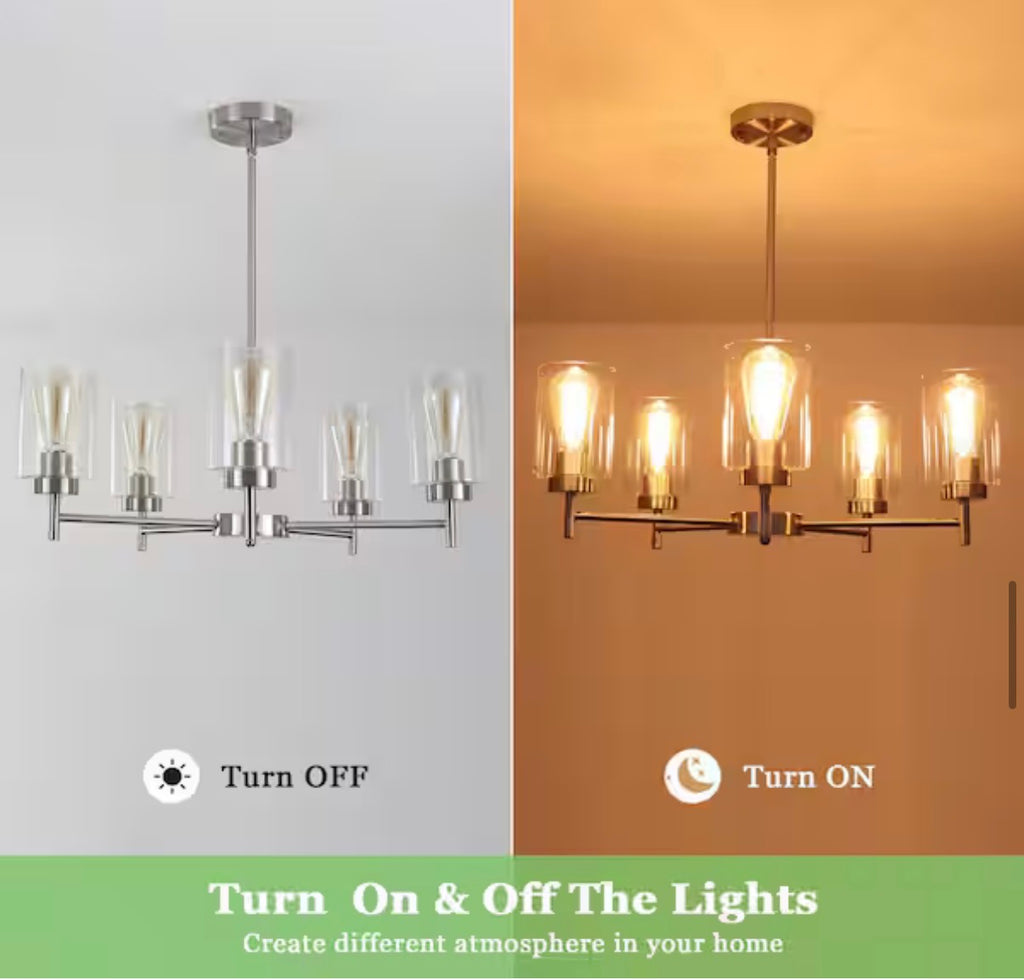 5-Light Brushed Nickel Chandelier with Clear Glass Shades