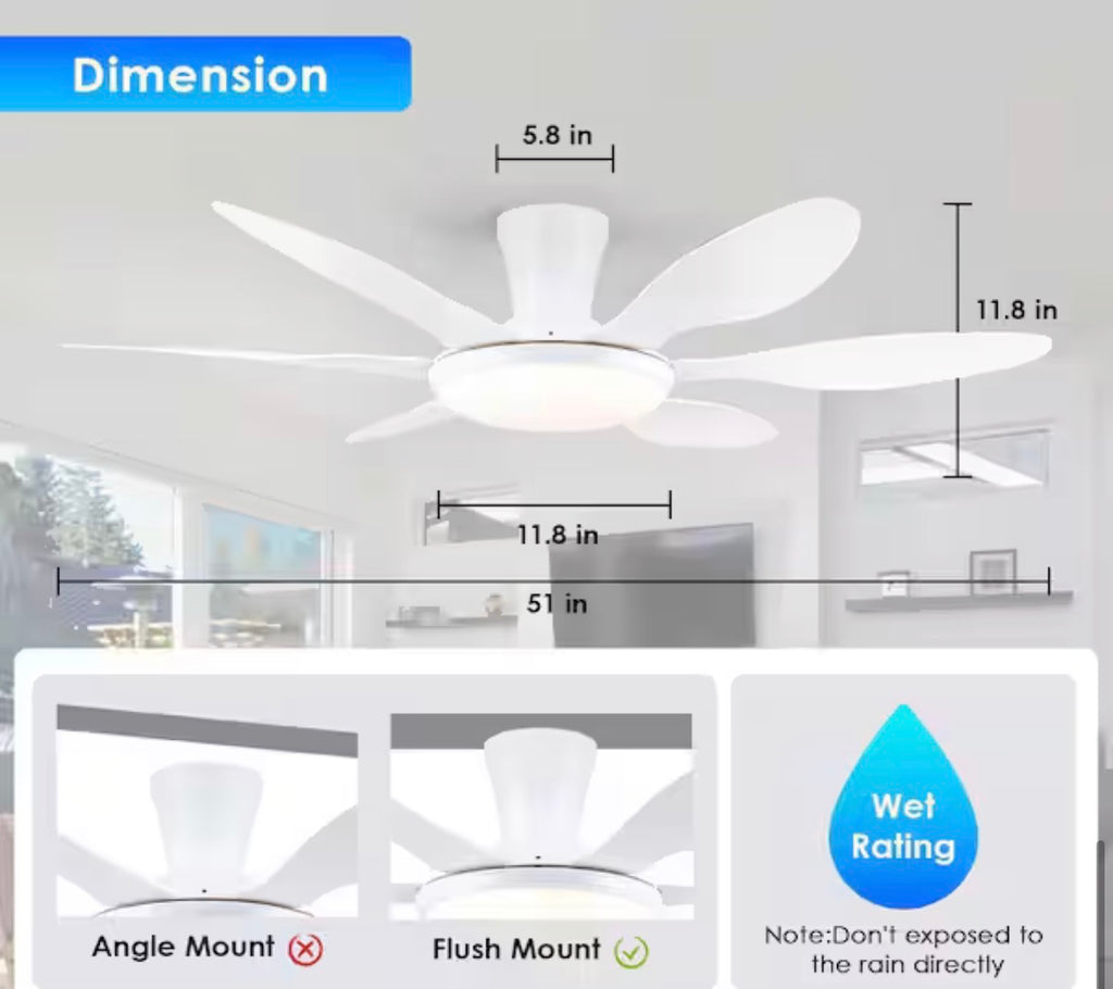 51 in. Indoor/Outdoor Flush Mount White Ceiling Fan