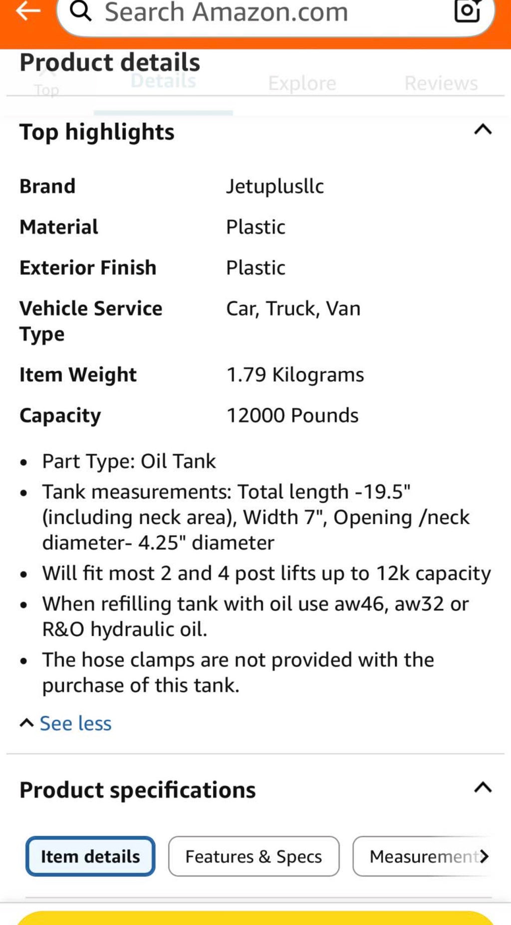 Oil Reservoir Tank Fit DURO Lift Power