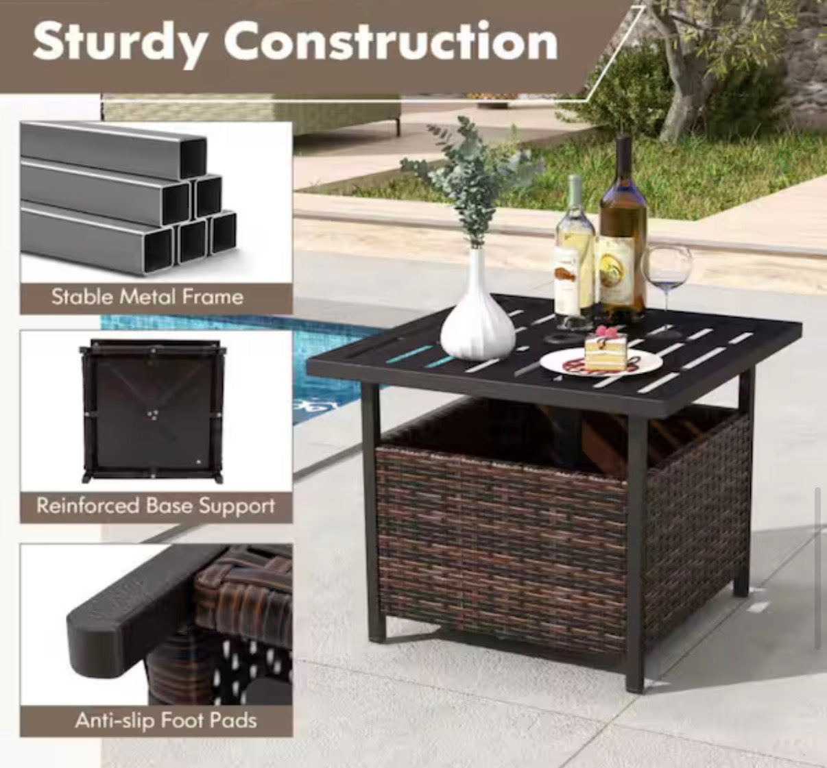 Square Outdoor Side Table with Umbrella Hole and Sand Bags