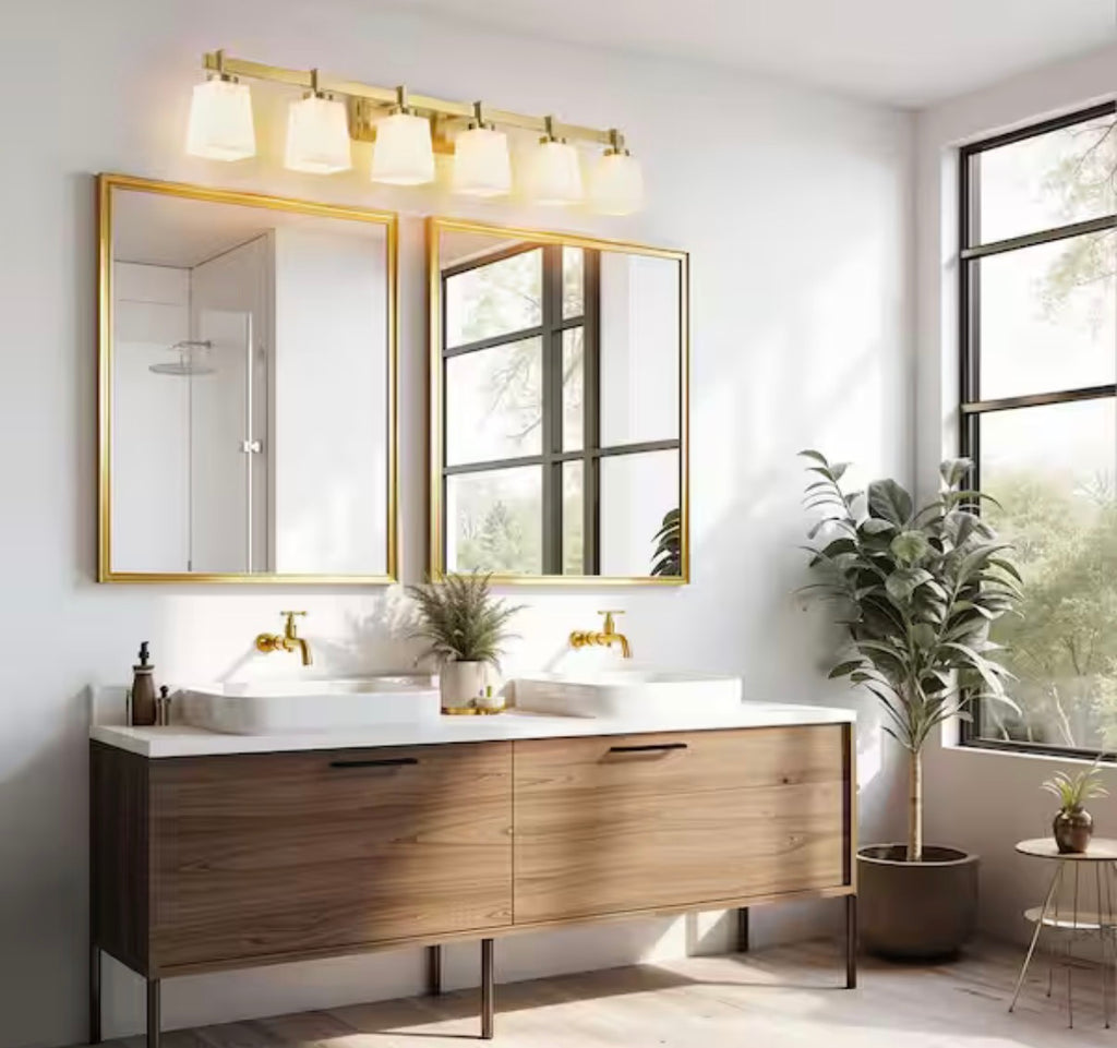 6-Light Gold Bathroom Vanity Light with Milk Glass Shades
