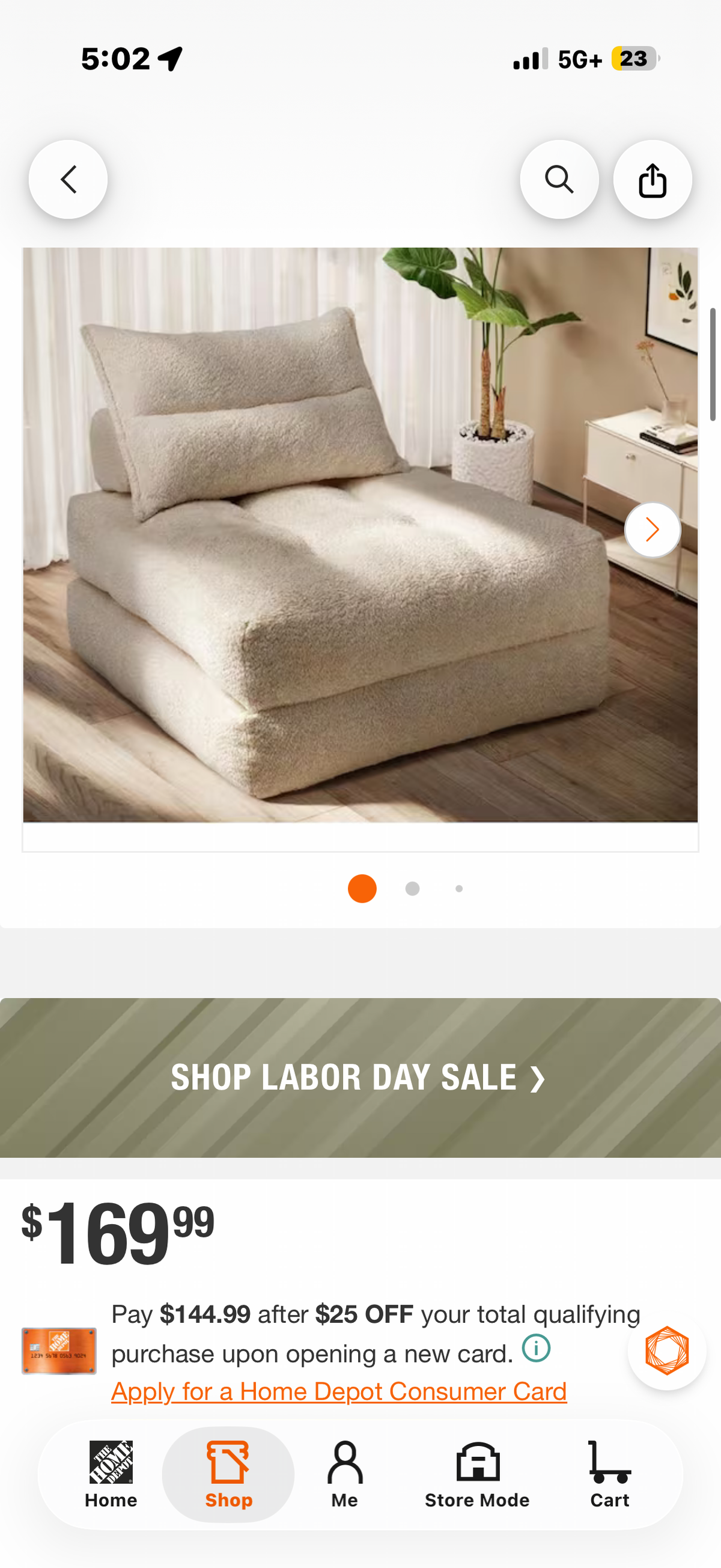 33.8 in. Beige Teddy Fabric Twin Size Sofa Bed