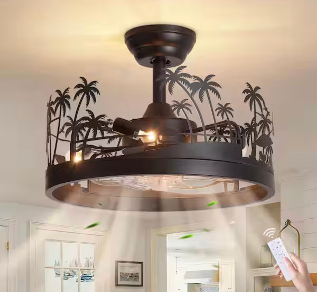 Tropical Palm Tree Cage Downrod Mount Ceiling Fan with Light