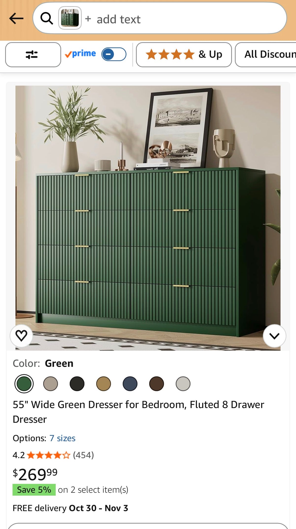 8-Drawer Double Dresser  55" W, Green