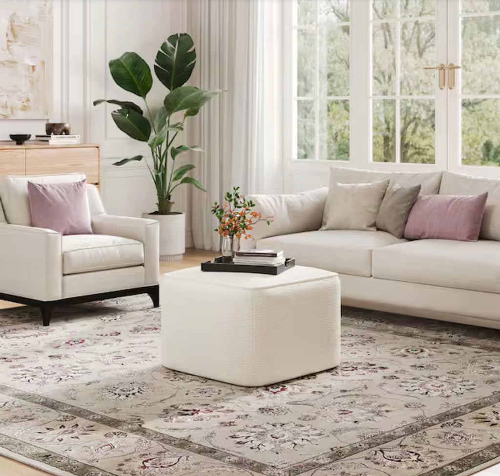 Yzabella White Boucle Fabric Upholstered Ottoman