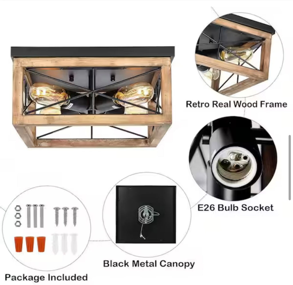 12.6 in. 4-Light Black Wooden LED Flush Mount Ceiling Lights