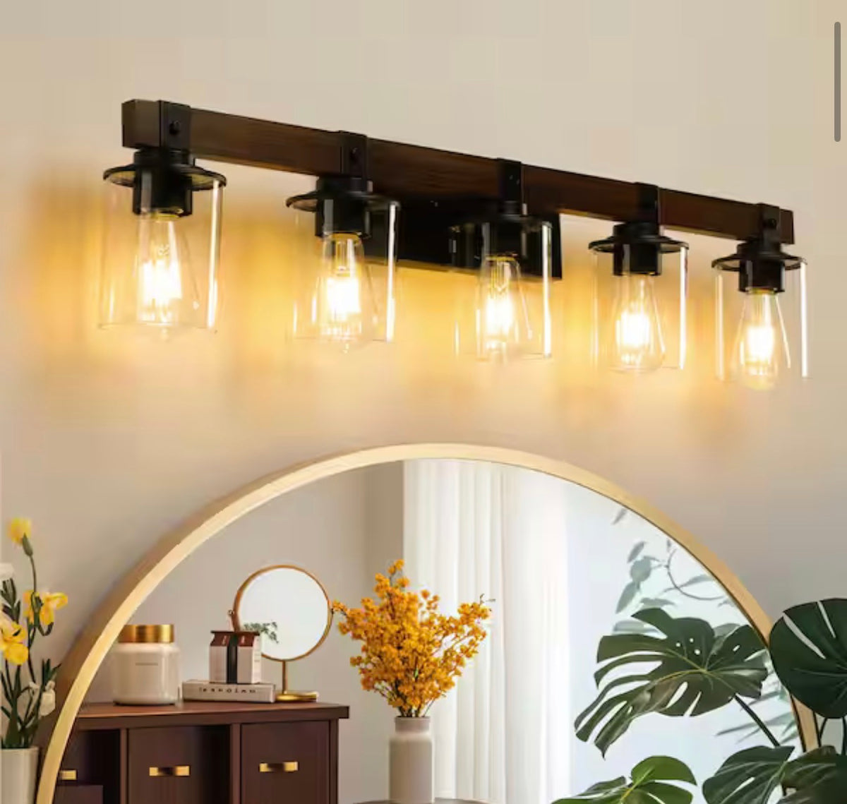 5-Light Walnut and Black Bathroom Vanity Light