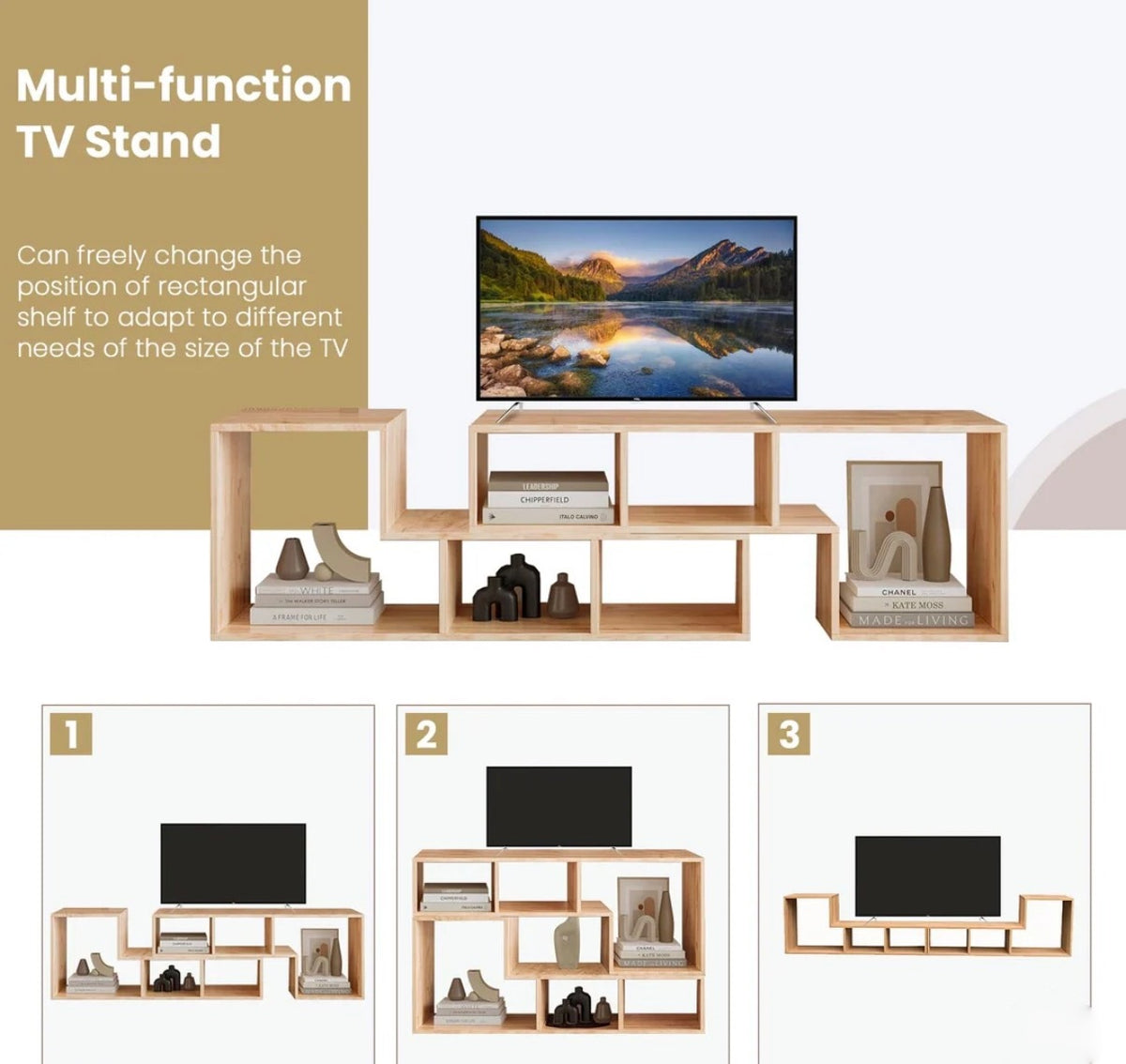 L-shaped TV Console Stand with 2-tier Shelf Bookcase