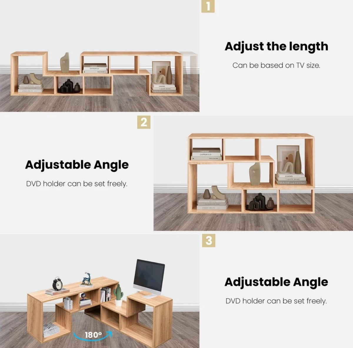 L-shaped TV Console Stand with 2-tier Shelf Bookcase