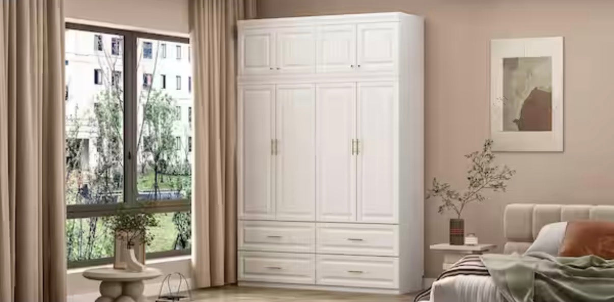 White 8-Door Big Wardrobe Armoires with Hanging Rod