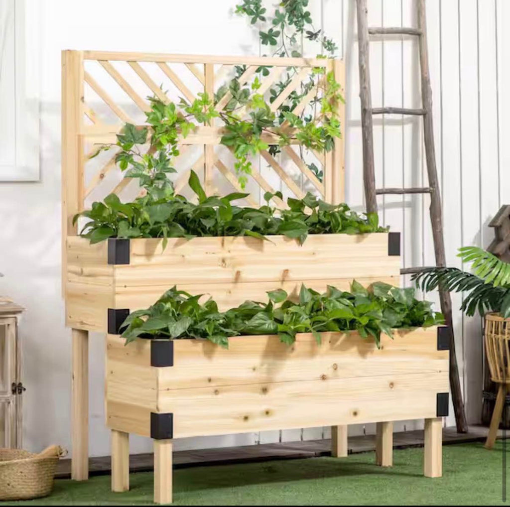 Natural 2-Tier Wooden Raised Garden Bed with Trellis