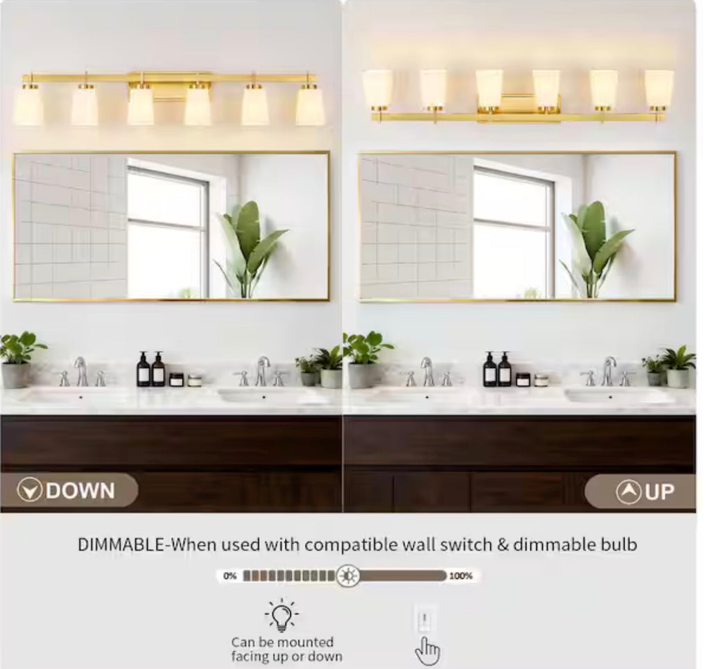 6-Light Gold Bathroom Vanity Light with Milk Glass Shades