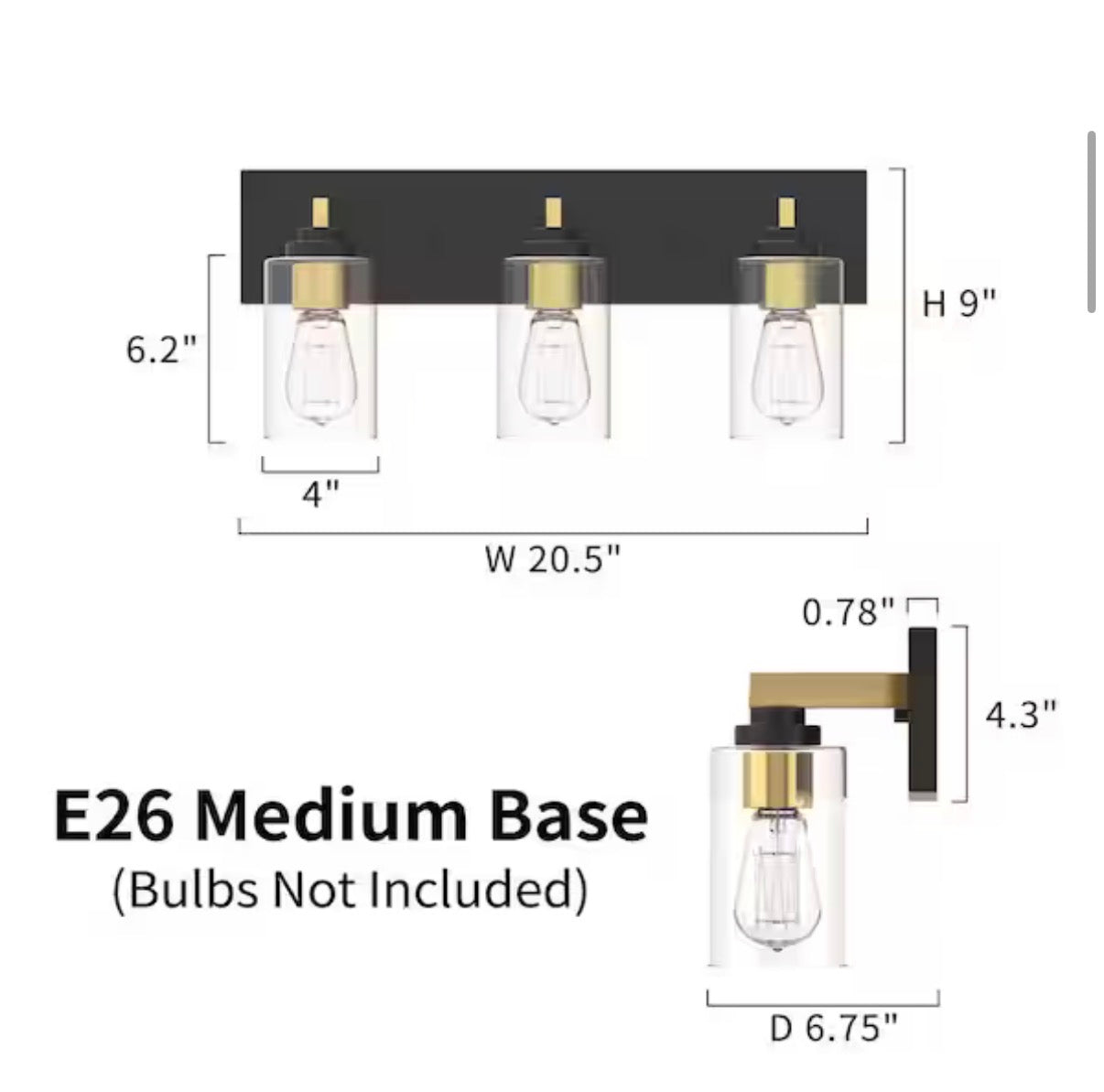 3-Light Black and Brushed Gold Vanity Light
