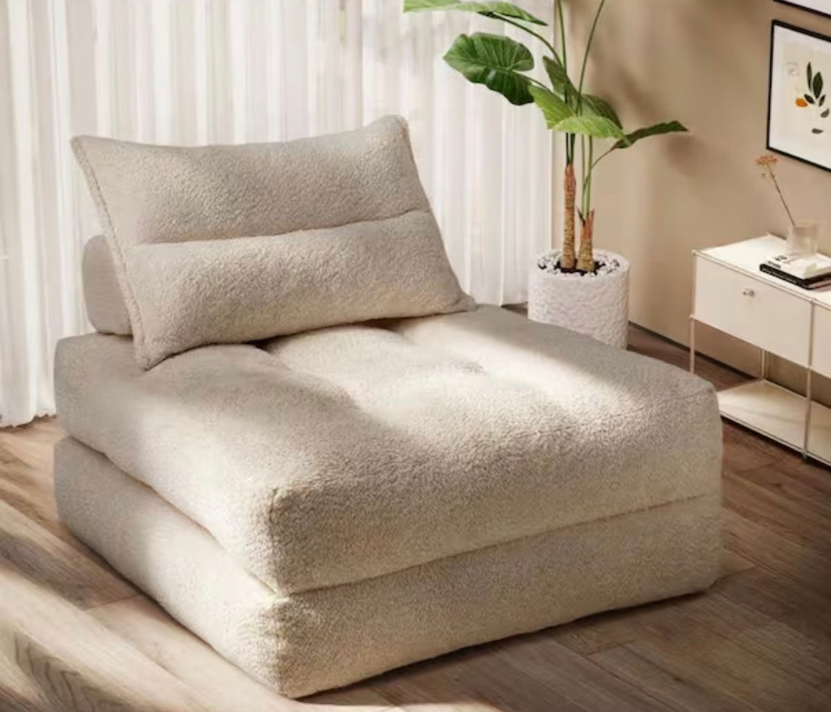 33.8 in. Beige Teddy Fabric Twin Size Sofa Bed