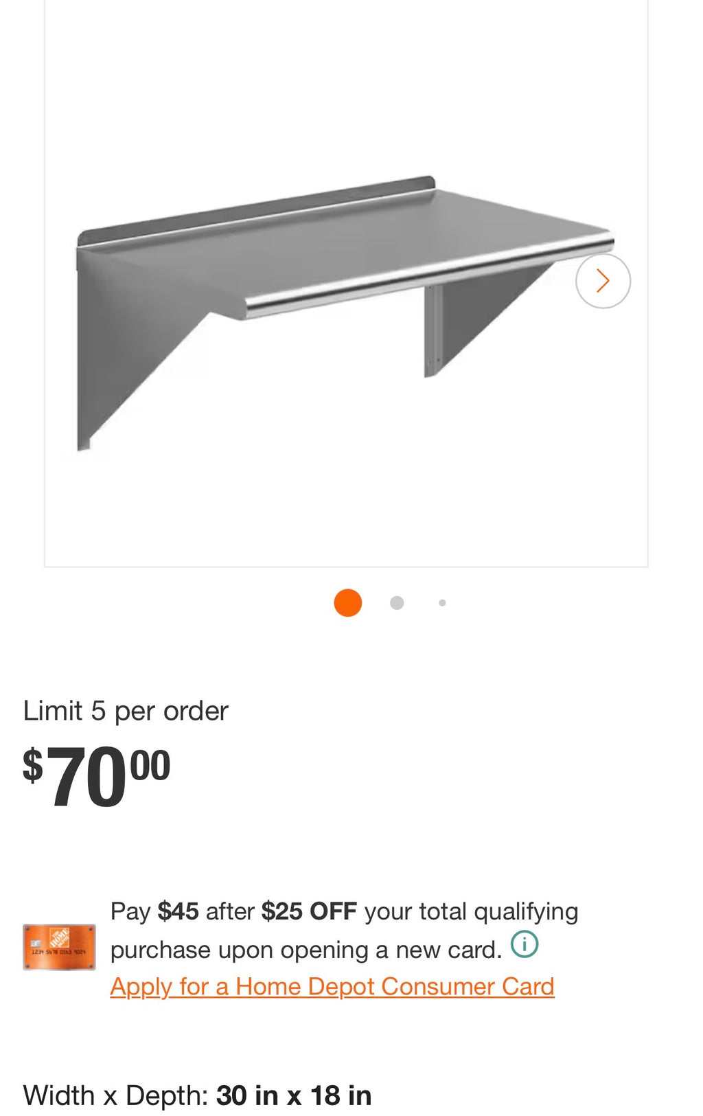 18 in. x 30 in. Stainless Steel Wall Shelf Kitchen