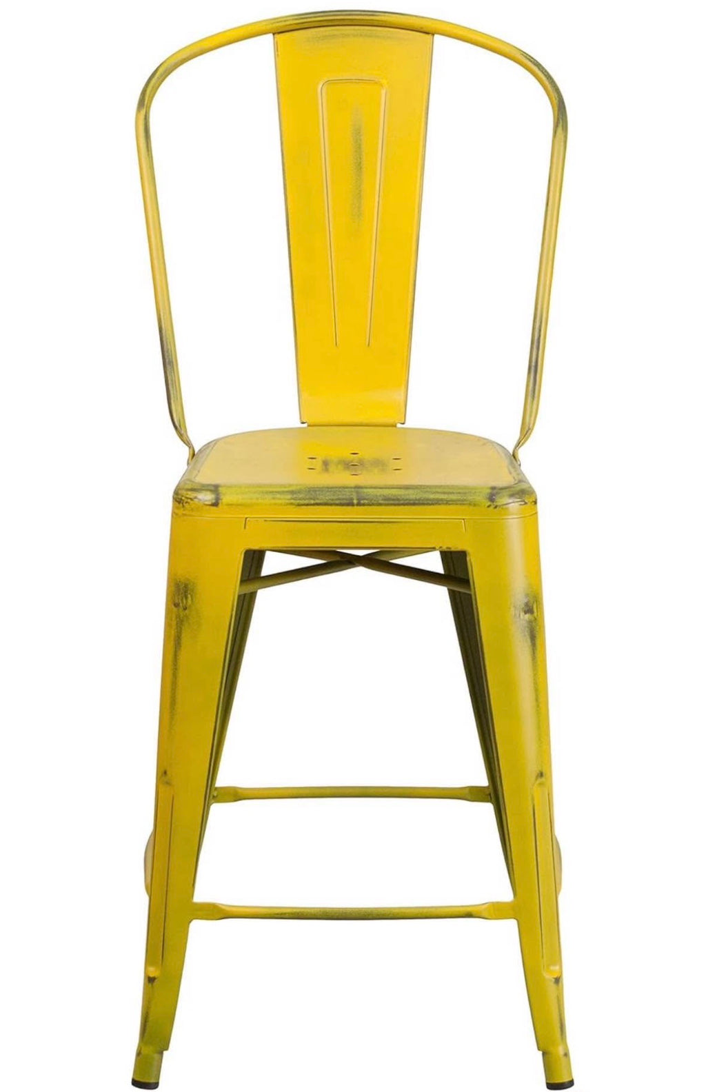 Distressed Yellow Metal Stool with Back