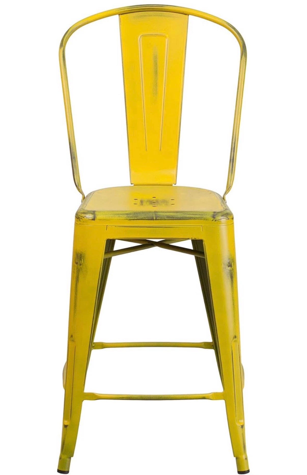 Distressed Yellow Metal Stool with Back