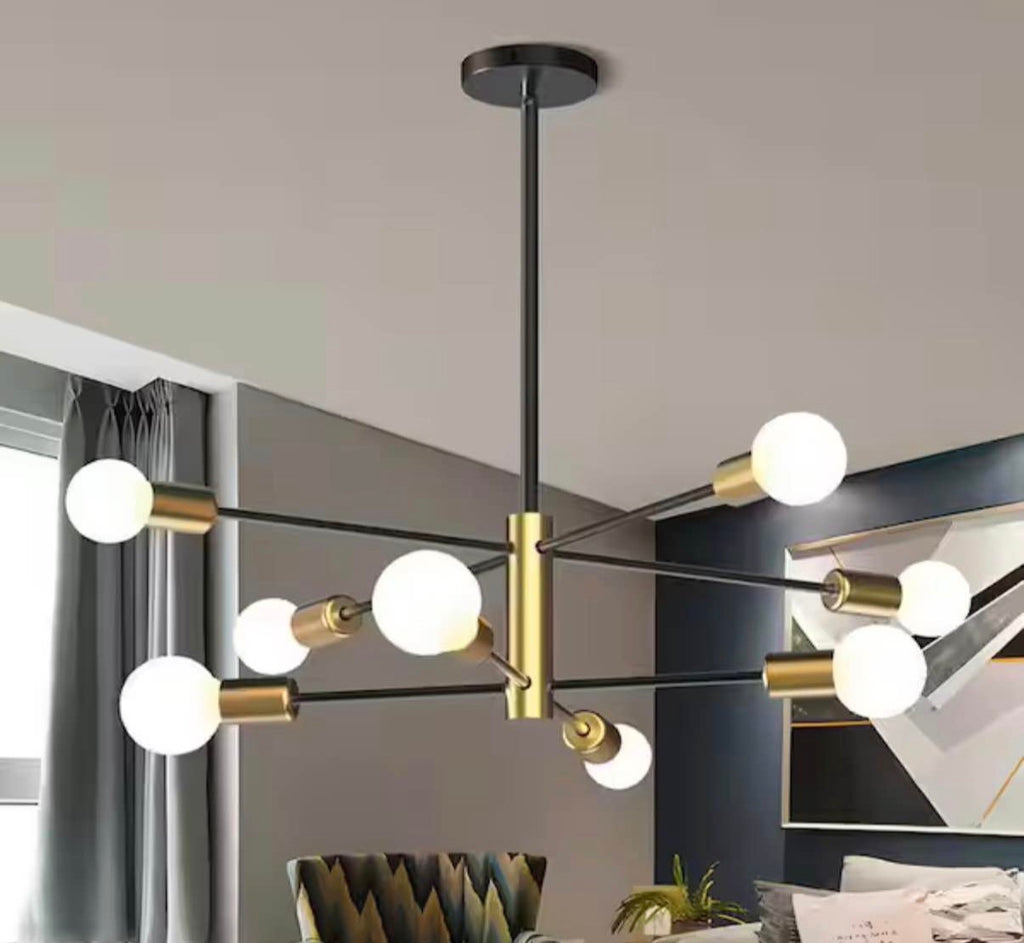 Linear Rustc 8-Light Gold Rustic Industrial Mid Century Sputnik Linear Chandelier ...