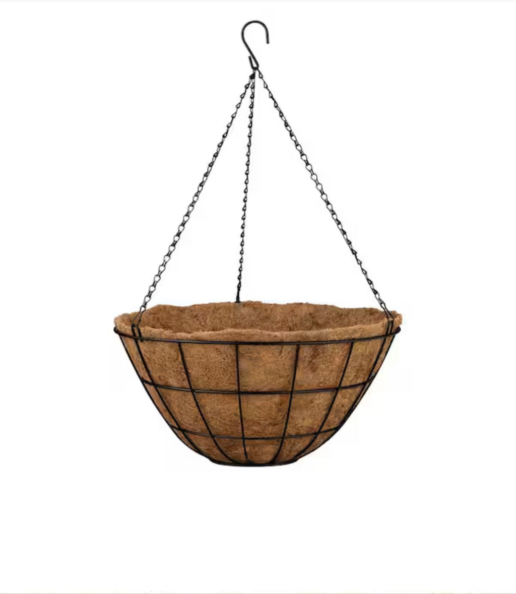 Large Black Metal Hanging Round Planter with Coco Liner