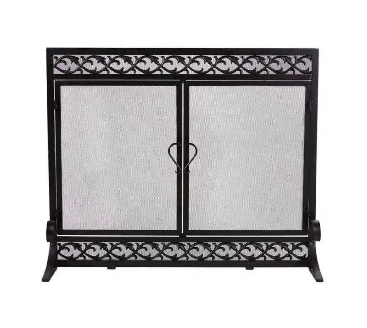 38" x 31" Cast Iron Scrollwork Fire Screen With Doors - Black