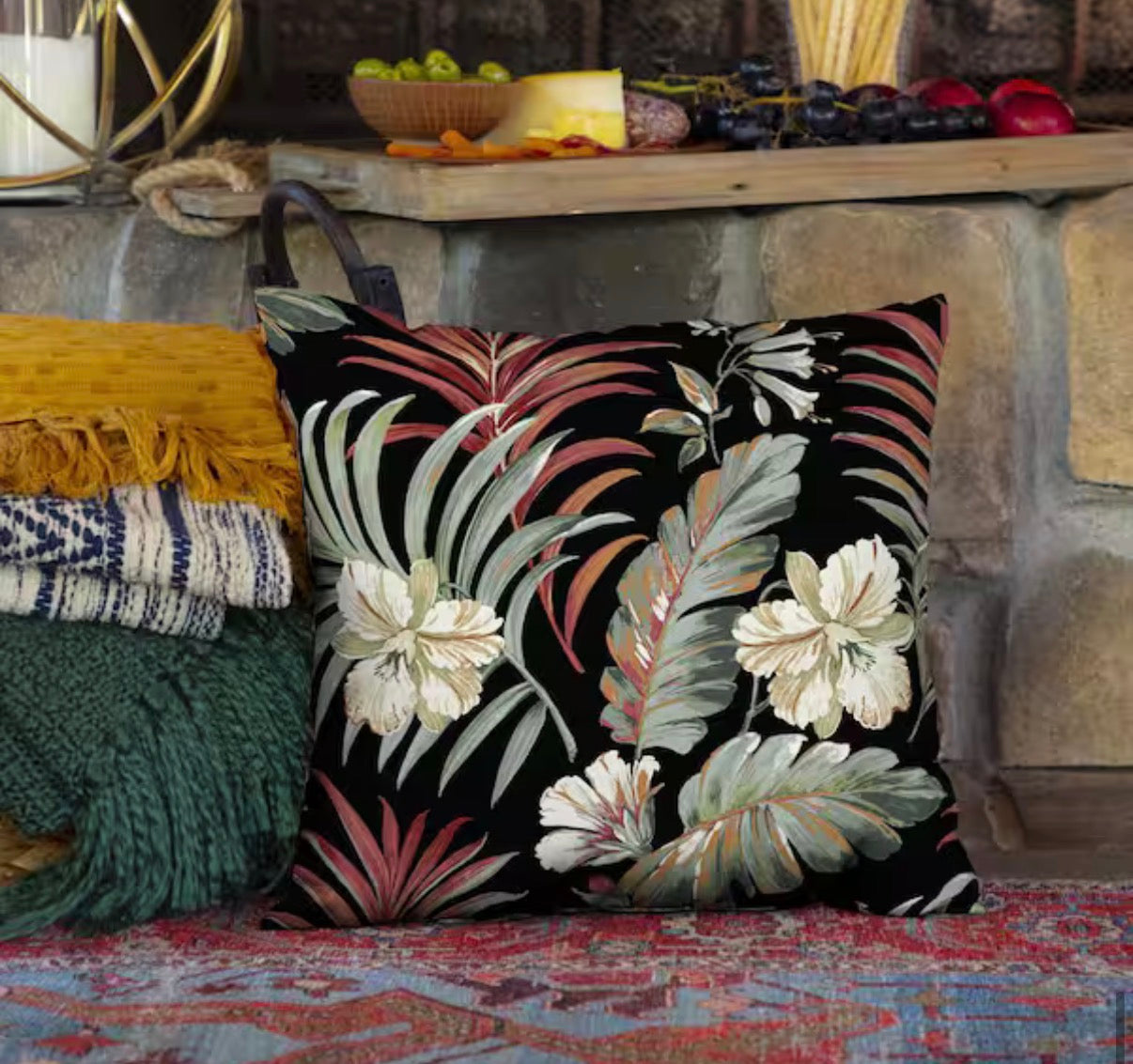 16 in. x 16 in. Simone Black Tropical Outdoor Square Pillow (2-Pack)
