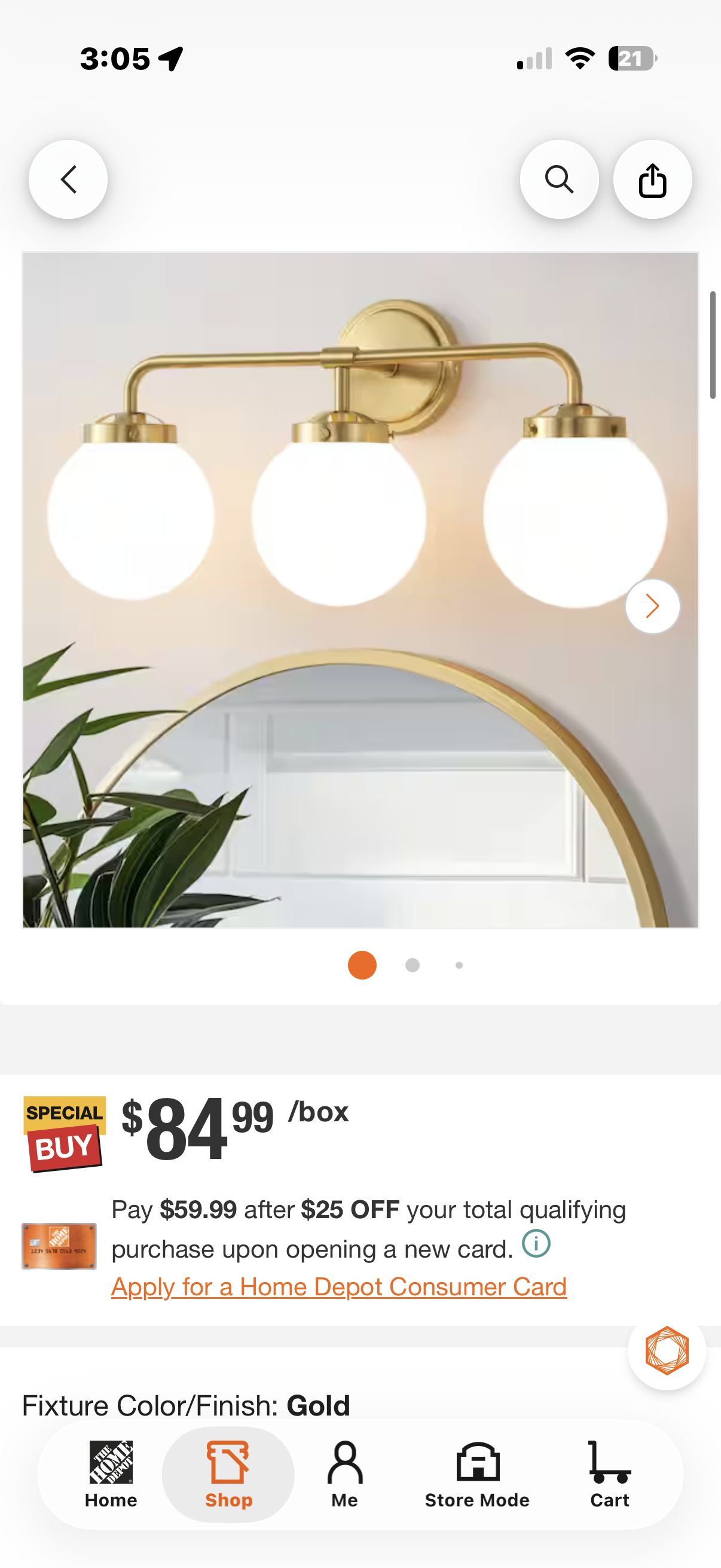 3-Light Gold Bathroom Vanity Light with Opal Glass Shades