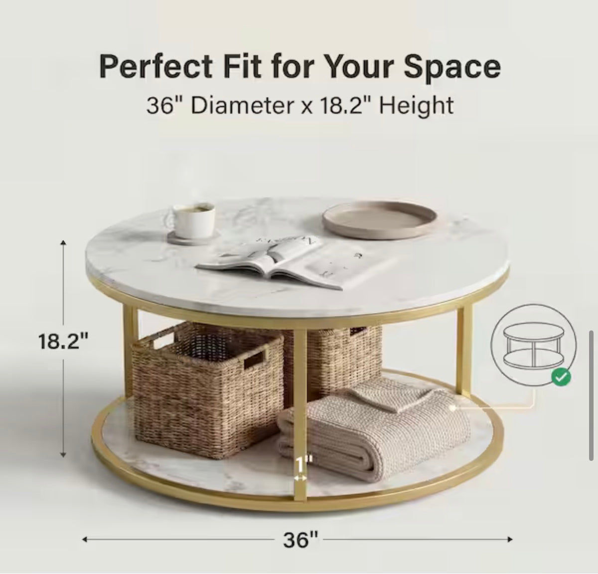 36 in. Black/White/Brown Round Wood Coffee Table with 2-Tier