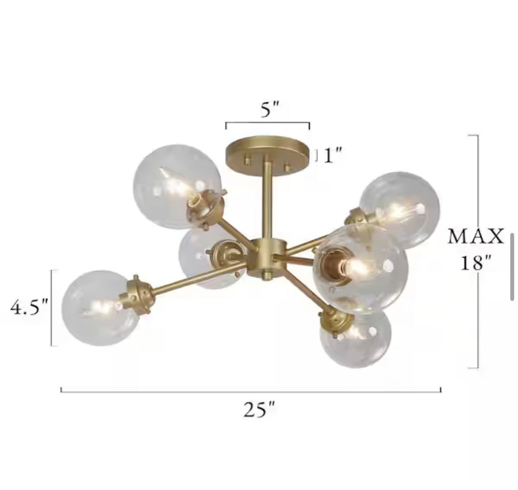 Modern Gold Sputnik 6-Light Semi-Flush Mount Ceiling Light