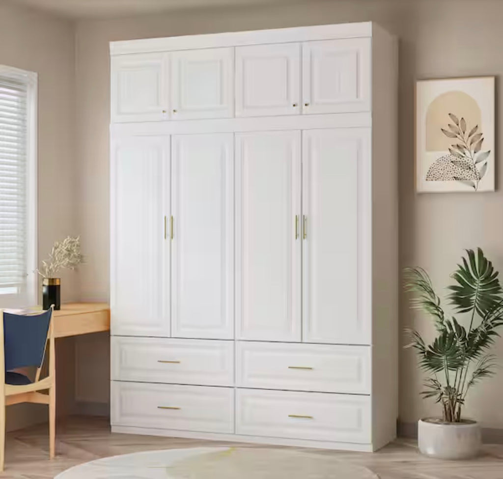 White 8-Door Big Wardrobe Armoires with Hanging Rod