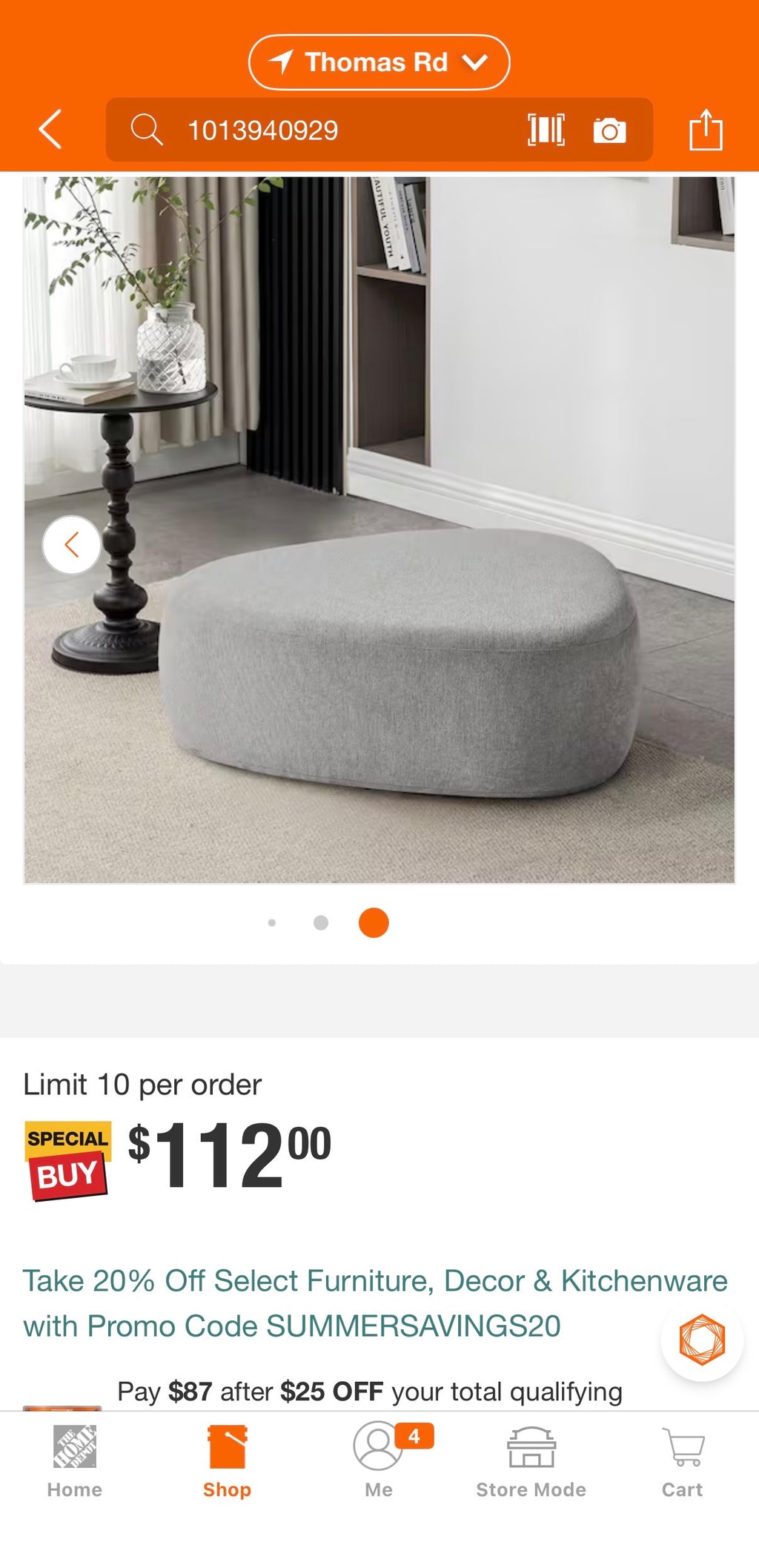 44 in. Modern Pebble-Shaped Gray Upholstered Ottoman