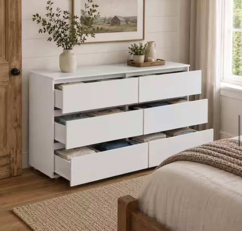 6-Drawers White Wood 59 in. W Dresser