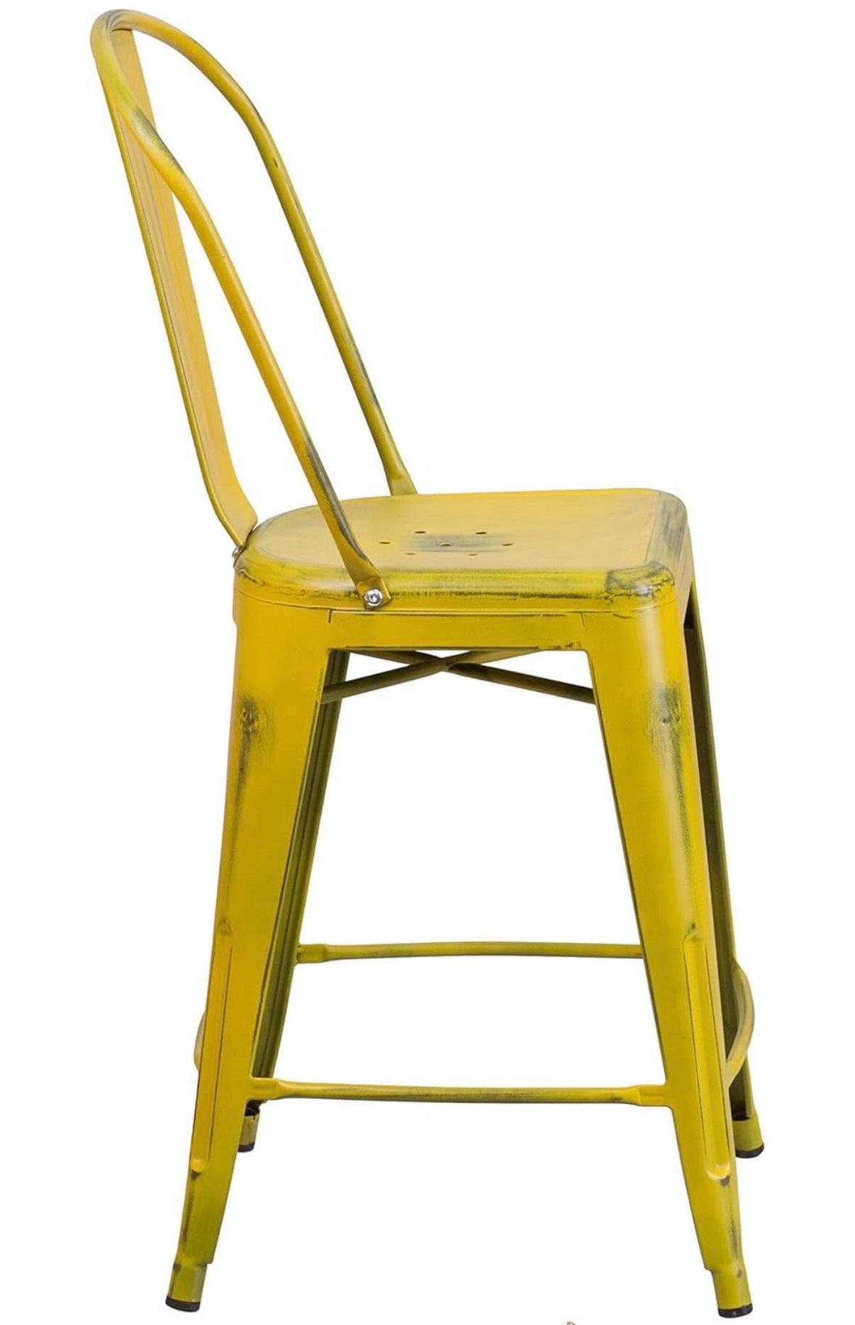 Distressed Yellow Metal Stool with Back