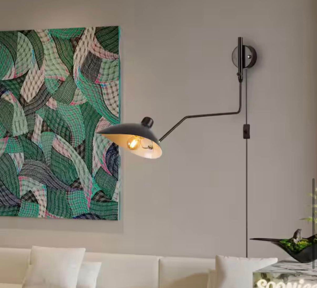 Modern 9.8 in. 1-Light Plug in Wall Sconces with Black Swing Arm Shade