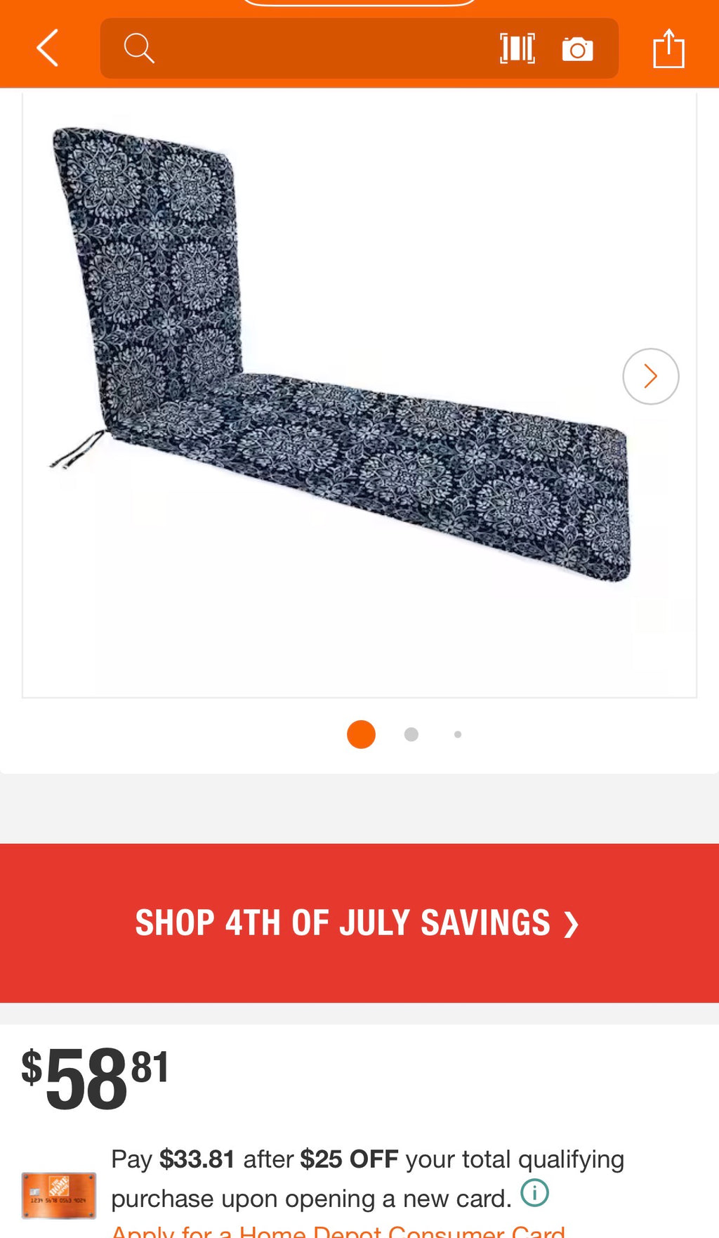 74 in. L x 22 in. W Outdoor Chaise Lounge Cushion