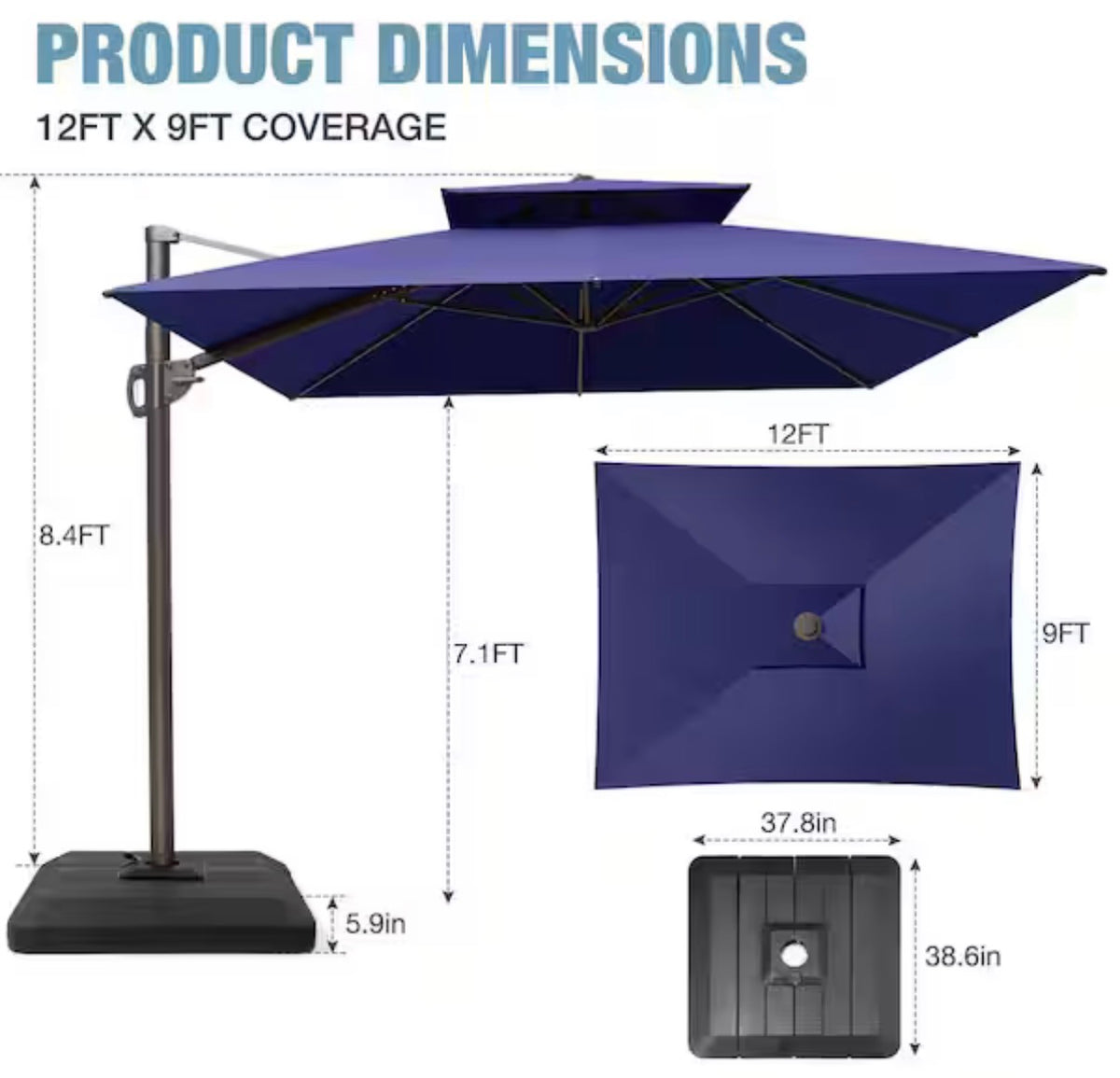 12 ft. x 9 FT. Outdoor Aluminum Cantilever Umbrella