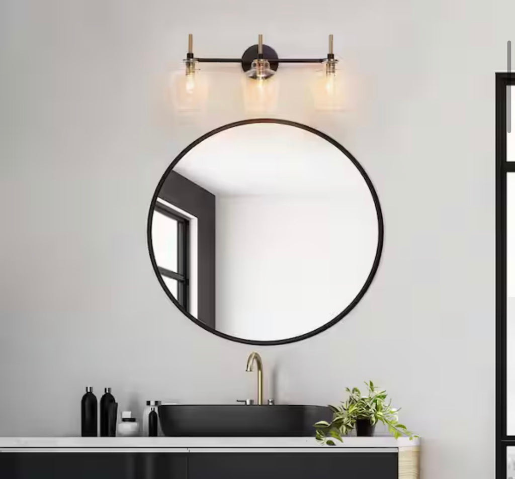 3-Light Brass and Black Bathroom Vanity Light