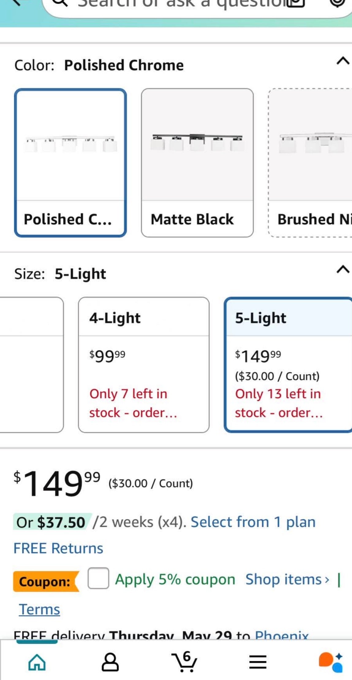 5-Light Modern Chrome Vanity Light Fixture