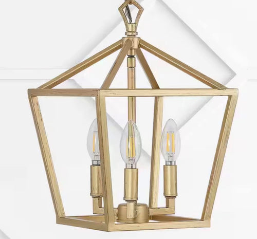 10 in. 3-Light Iron Classic Modern Lantern LED Brass Gold Pendant