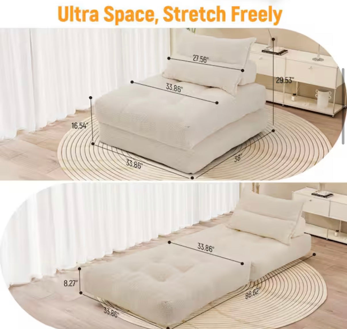 33.8 in. Beige Teddy Fabric Twin Size Sofa Bed