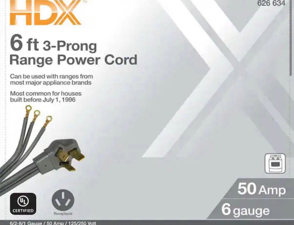 6 ft. 6/3 50 Amp 3-Prong Range Power Cord, Grey