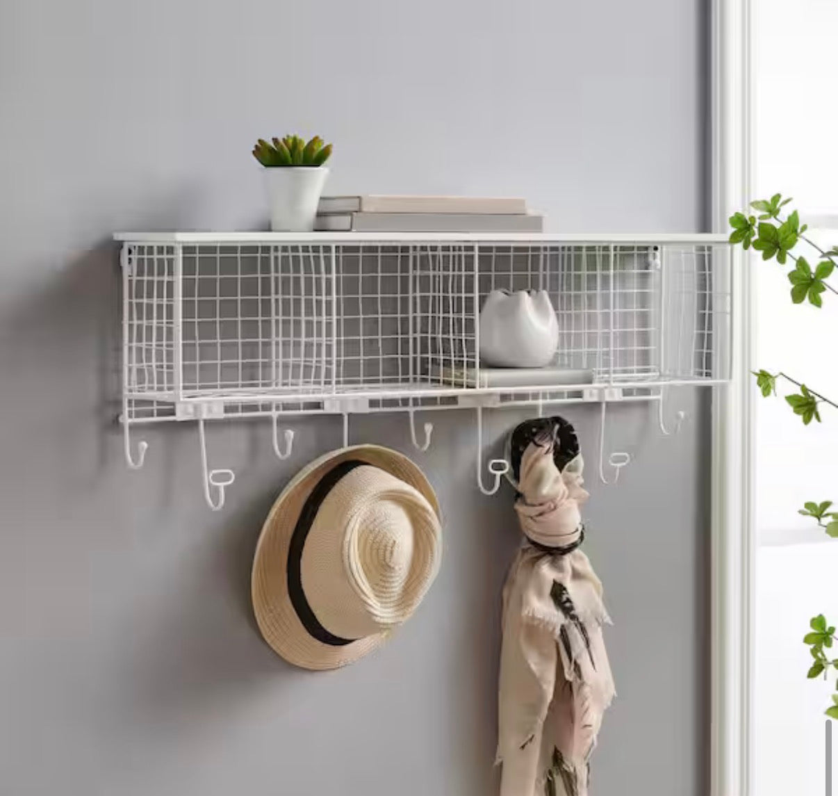 Decorah White Metal 4-Cubby Wall Shelf with 9 Hooks