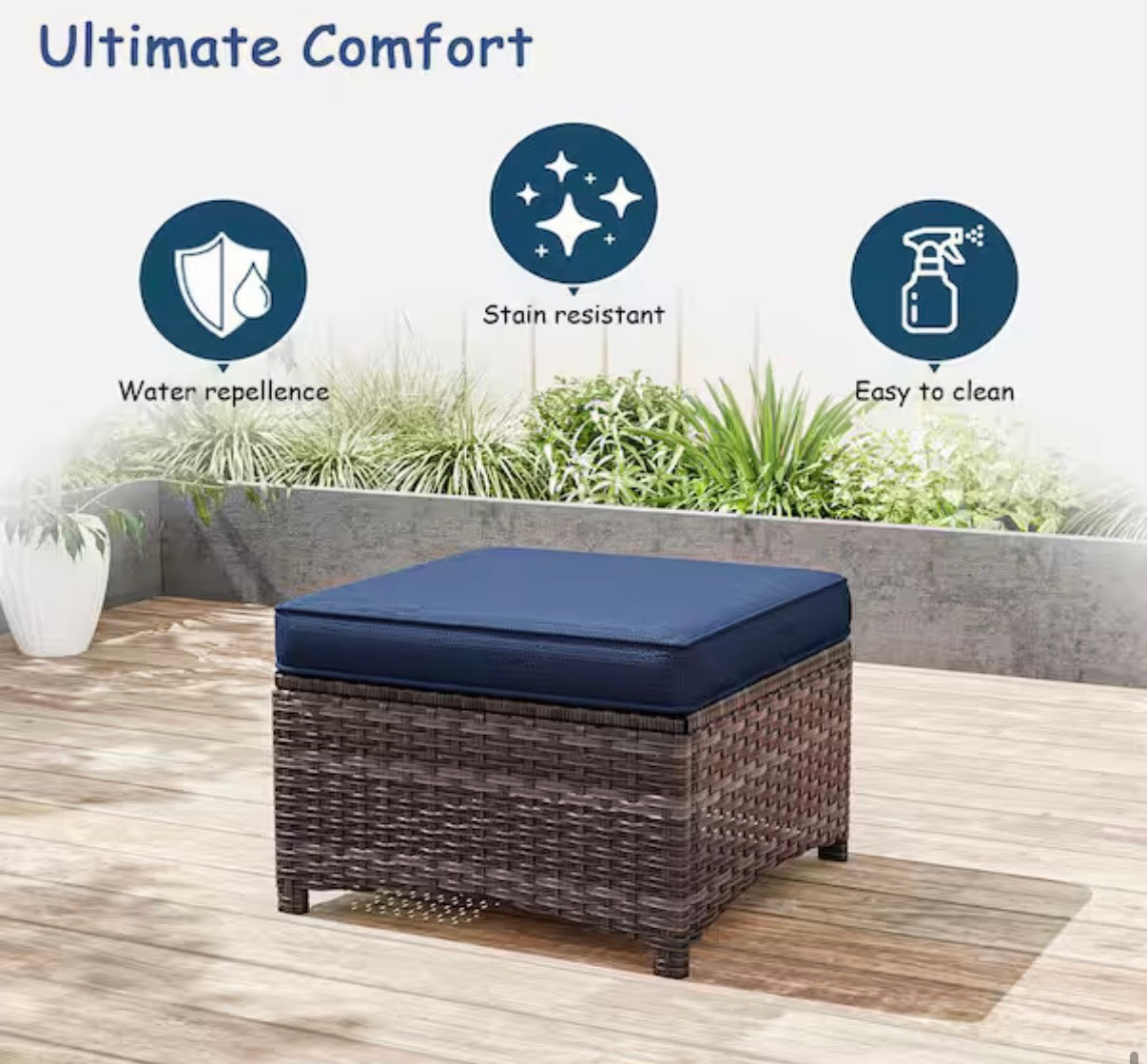 Wicker Outdoor Patio Ottoman with Blue Cushions (Set of 2)