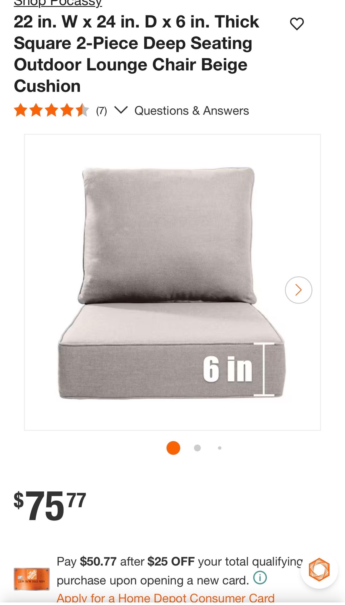 22 in. W x 24 in. D x 6 in. Thick outdoor Chair Cushion