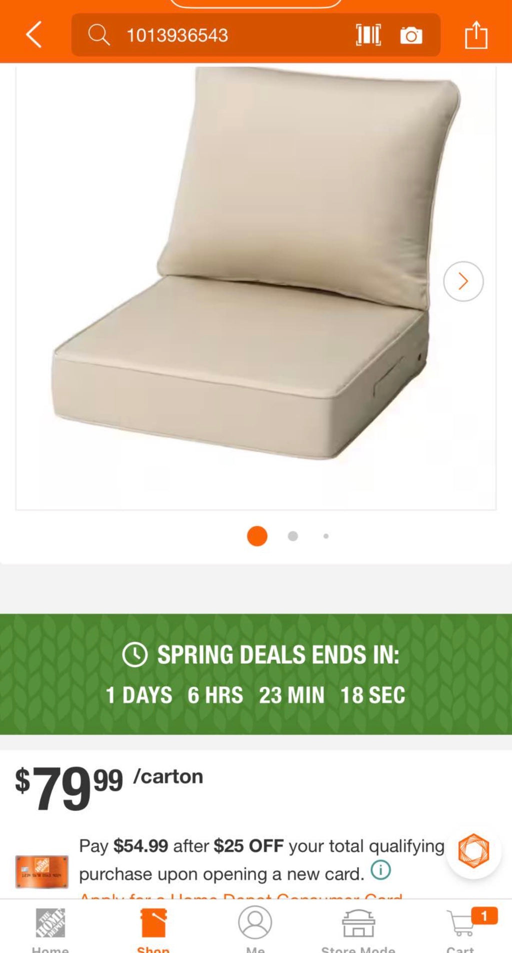 24 in. x 24 in. Sunbrella Deep  Outdoor  Chair Cushion