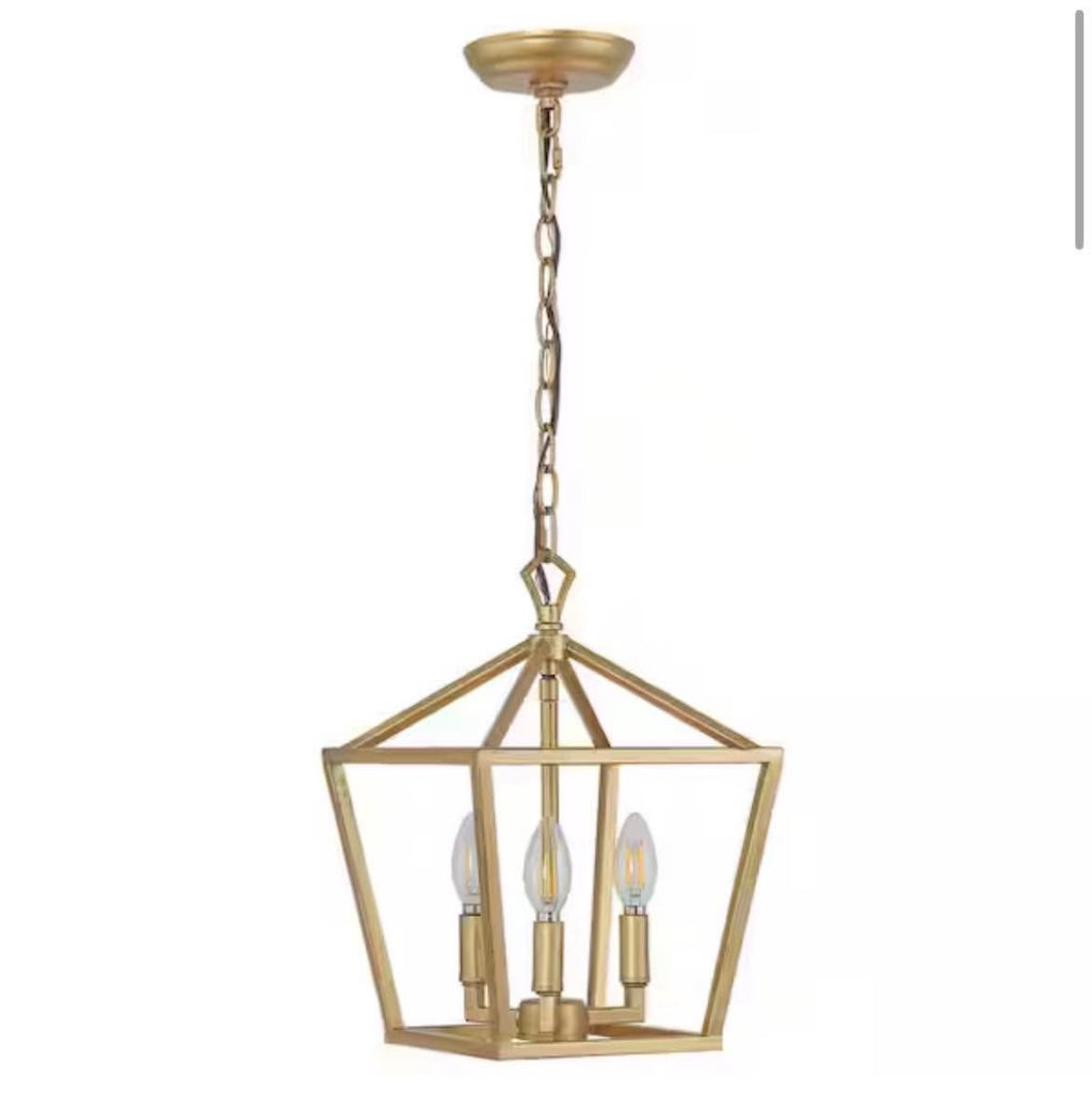 10 in. 3-Light Iron Classic Modern Lantern LED Brass Gold Pendant