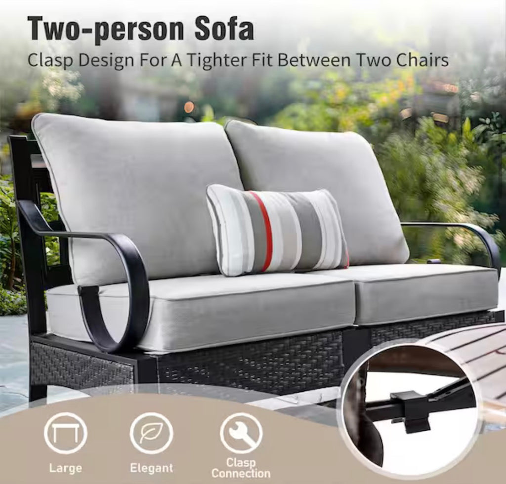 Black 6-Piece Metal Outdoor Sectional with Beige Cushions
