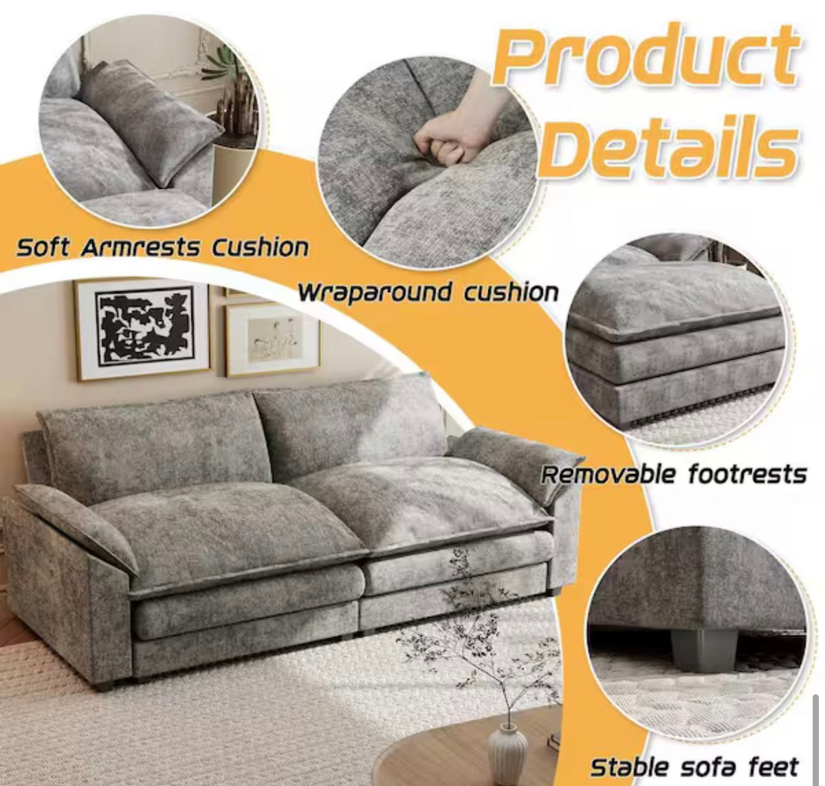 84 in. Deluxe Pillow-Styled Chenille Paris Gray Loveseat