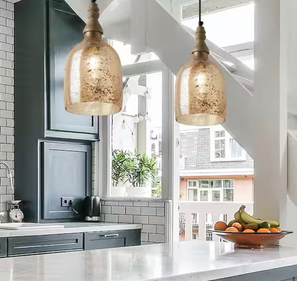 1-Light Bell-Shaped Glass Shade Pendant Lamp with Mango Wood Accent