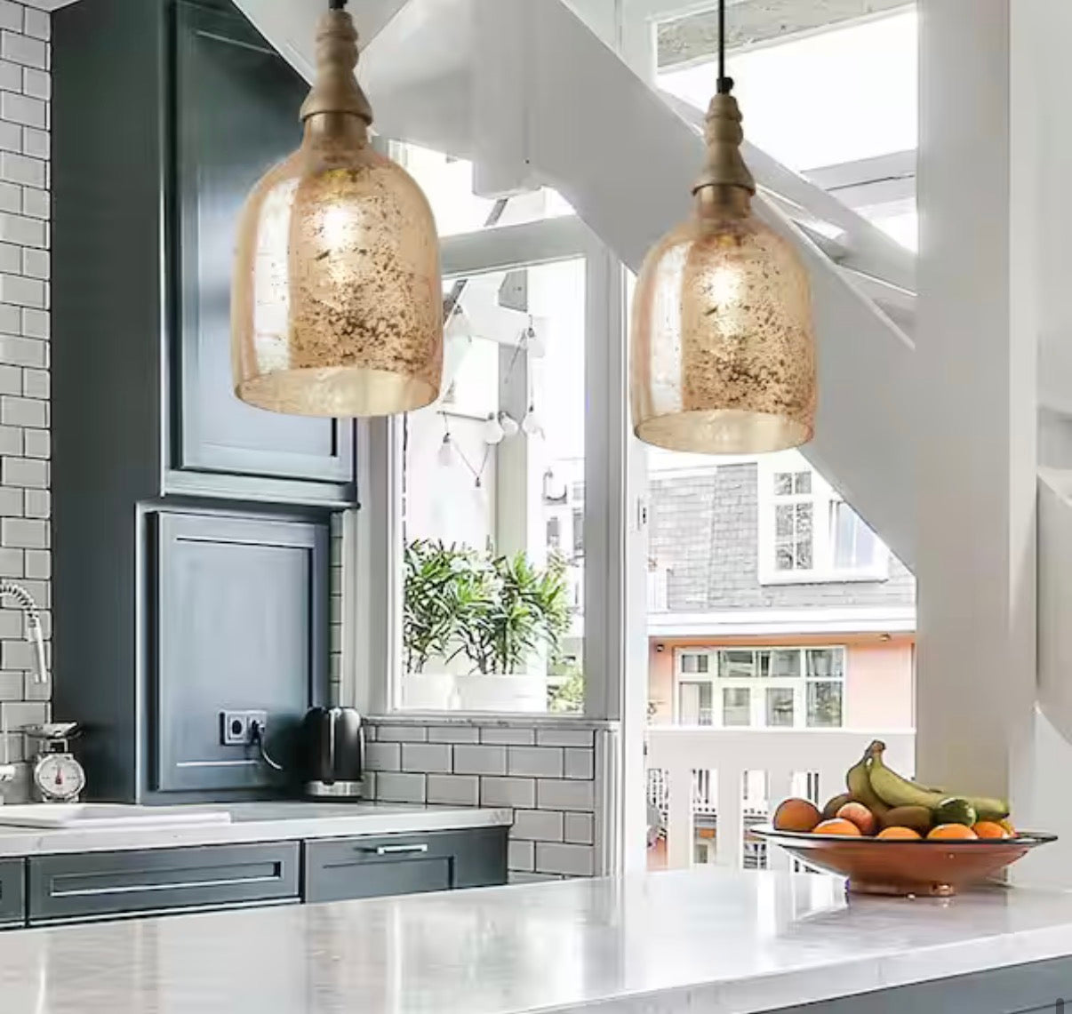 1-Light Bell-Shaped Glass Shade Pendant Lamp with Mango Wood Accent